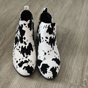 Pierre Dumas Black and White Cow Print Heeled Ankle Boots
